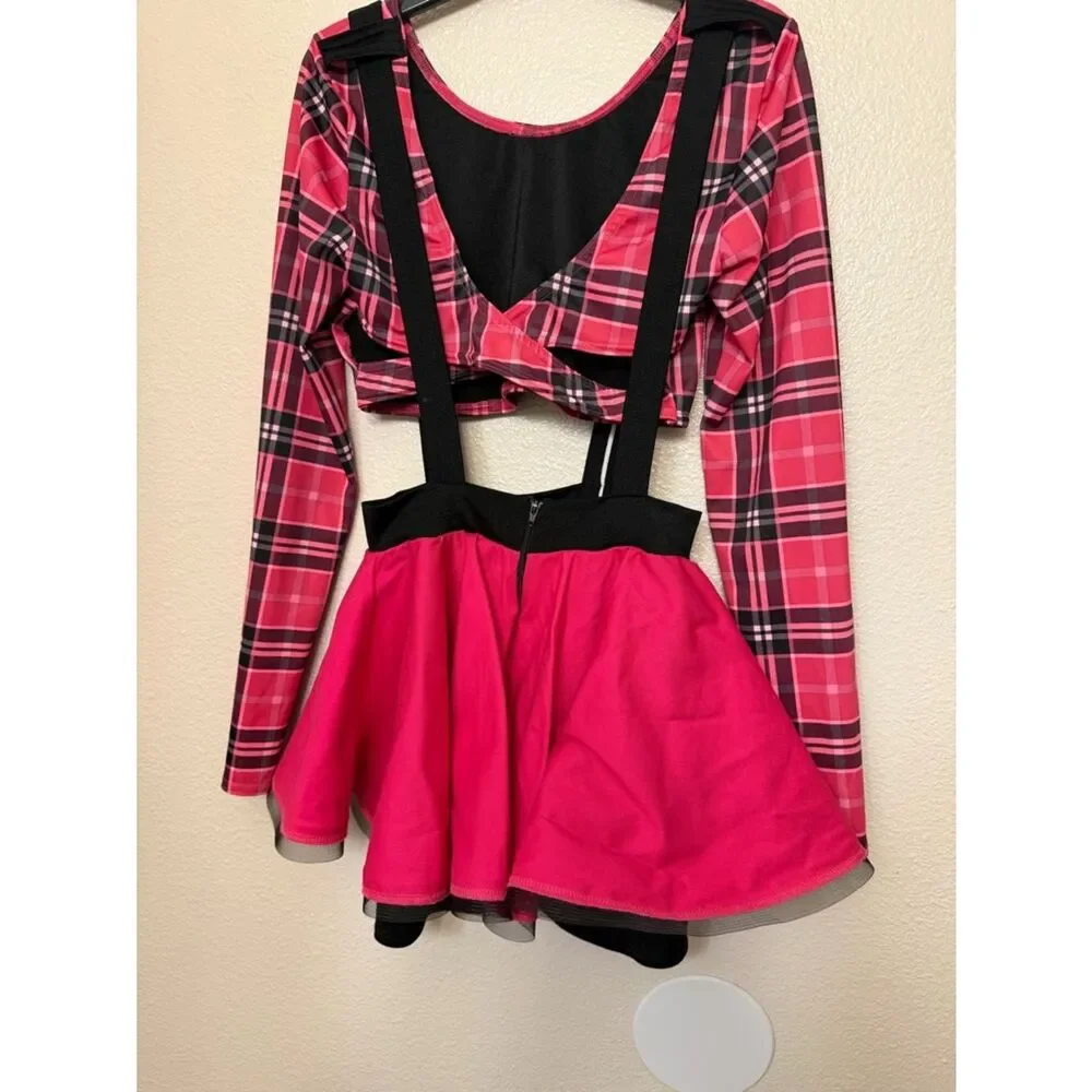 Kelle solo leotard peplum skirt plaid hot pink suspenders SA-Small adult